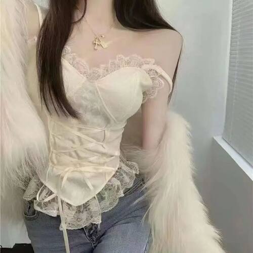 夏季欧美风蕾丝边绑带吊带T恤女