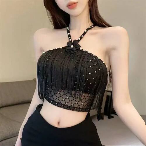 女士夏季流苏挂脖美背打底背心