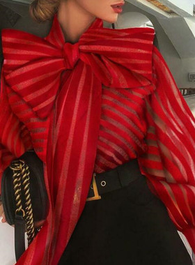 Puff Sleeve Shirt Elegant Bow Female大蝴蝶结复古百搭条纹衬衫