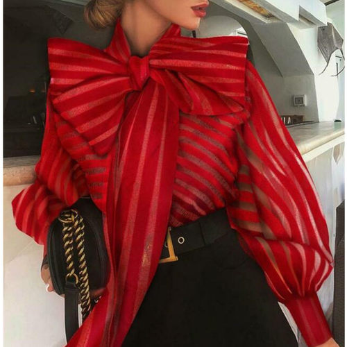 Puff Sleeve Shirt Elegant Bow Female大蝴蝶结复古百搭条纹衬衫
