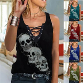 neck V领无袖 Sleeveless Print Top Skull Tank 骷髅印花背心女