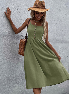 Slim fit solid color cotton and linen dress 修身棉麻连衣裙女