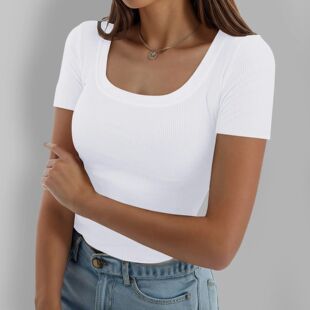 Thread pit strip slim fit U-neck T-shirt螺纹坑条修身U领T恤女