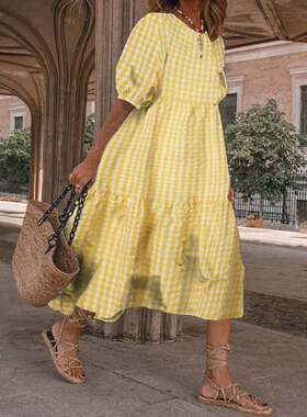 Long Sleeve Plaid Ruffled Loose Dress 长袖荷叶边宽松连衣裙