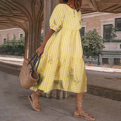 Long Sleeve Plaid Ruffled Loose Dress 长袖荷叶边宽松连衣裙