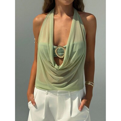 Two pieces of strapless transparent mesh抹胸透视网纱两件套女