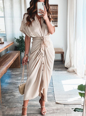 Woman Long Dresses For Women Casual Button Solid Sundress 新