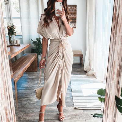 Woman Long Dresses For Women Casual Button Solid Sundress 新