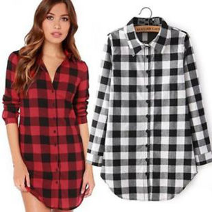 Oversized Top Blouse Plaid Shirt Plus Size百搭格子中长款衬衫