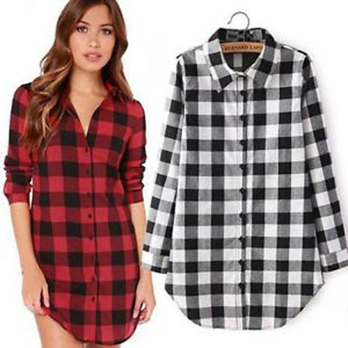 Oversized Top Blouse Plaid Shirt Plus Size百搭格子中长款衬衫
