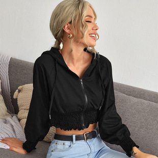 Women Long Sleeve Hoodie Crop Top 欧美外贸拉链短款外套女卫衣