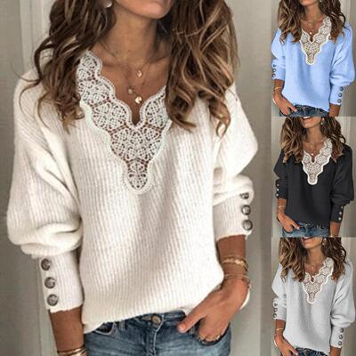 V Neck Buttons Knitted Sweater Top Jumpers Pullovers宽松长袖
