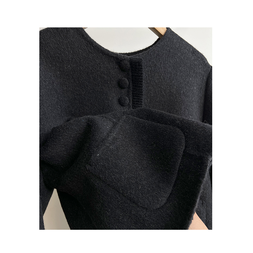 林小雅 高级复古撞色手工圆领毛呢大衣女 设计感呢子小香短外套