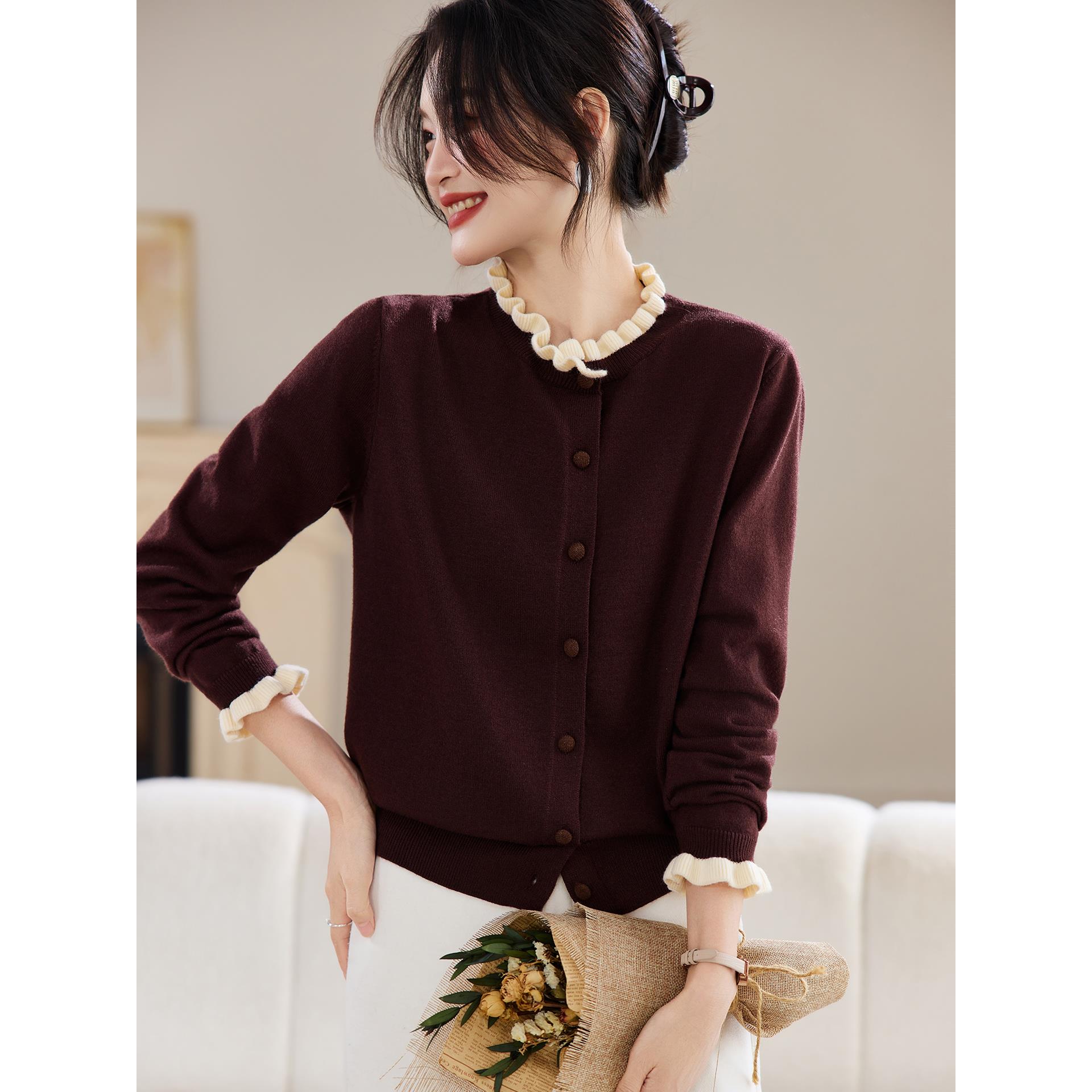 JOYIASS时尚木耳边温柔风秋冬针织打底衫拼色设计宽松长袖百搭显