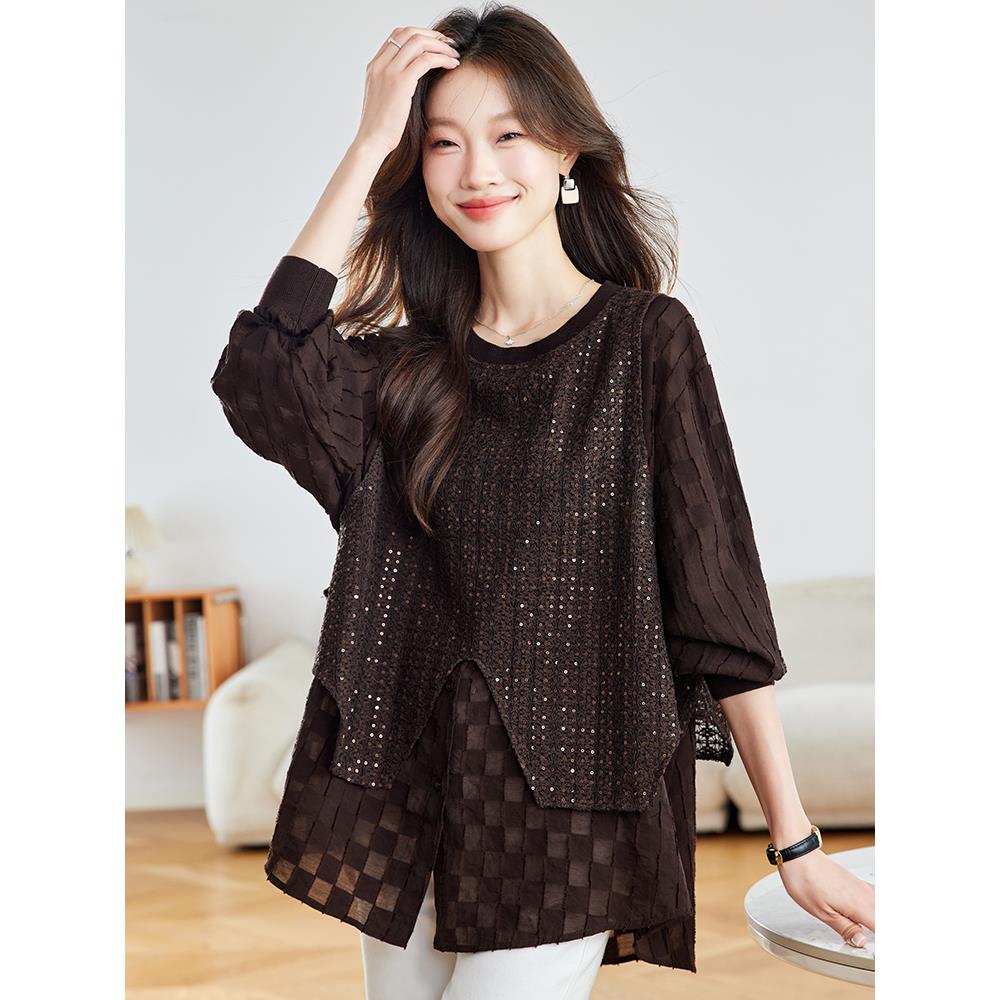 JOYIASS贵夫人高级感针织衫拼接衬衣假两件上衣宽松大版显瘦长袖