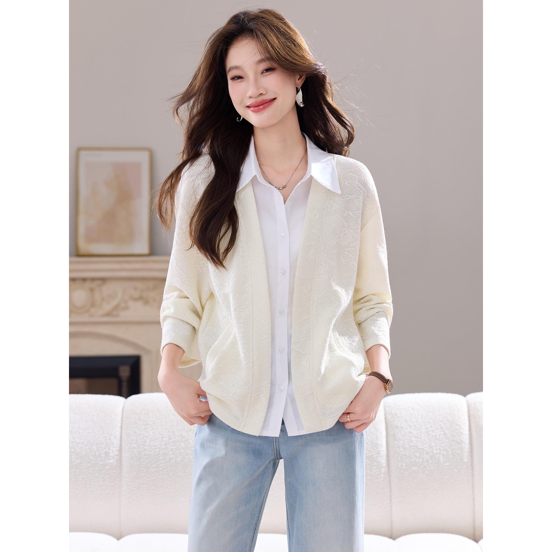 JOYIASS假两件衬衫拼接针织开衫女早秋2025新款高级时尚提花薄款