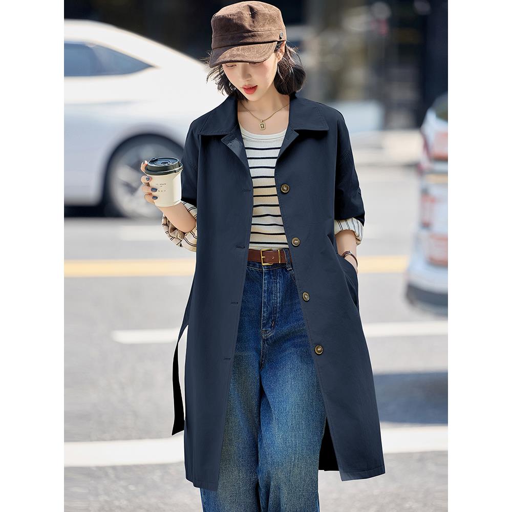 JOYIASS小个子风衣女中长款2025秋冬新款英伦风大衣系带收腰显瘦