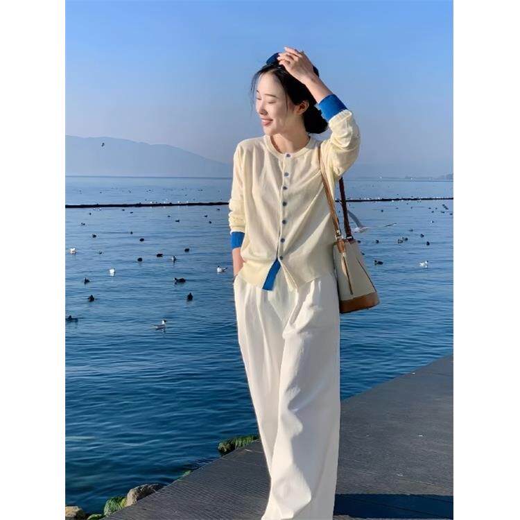 JOYIASS法式假两件短款开衫毛衣外套女早秋季休闲超好看阔腿裤子