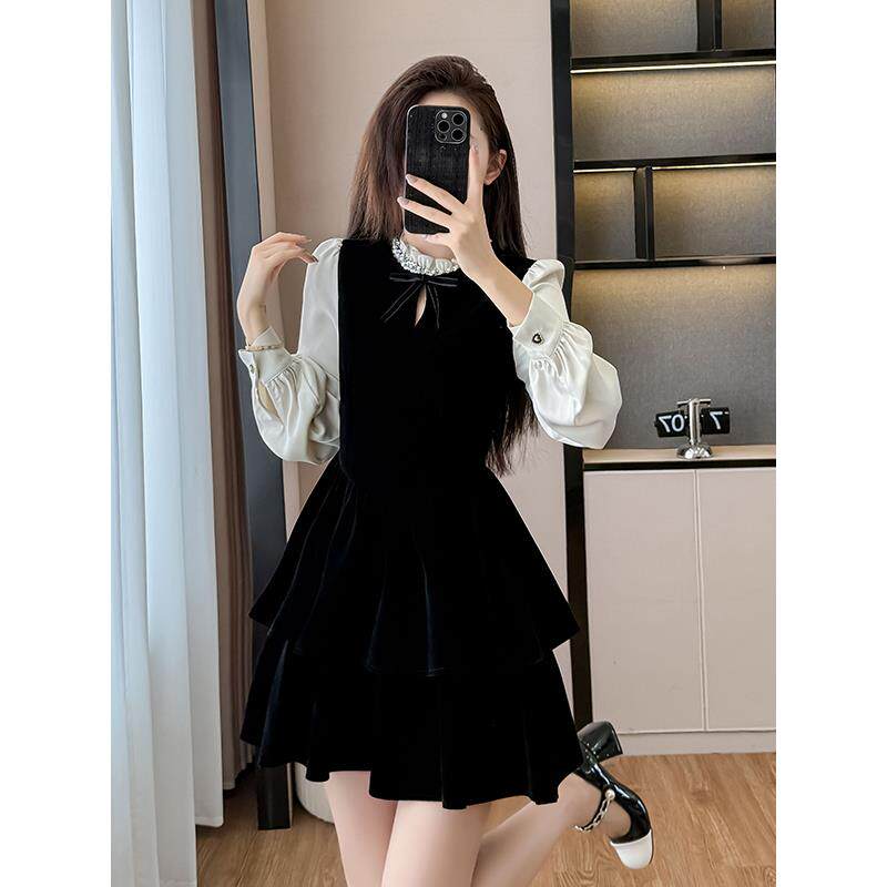 JOYIASS黑色千金赫本风丝绒连衣裙女秋冬韩系穿搭高级生日礼服蓬