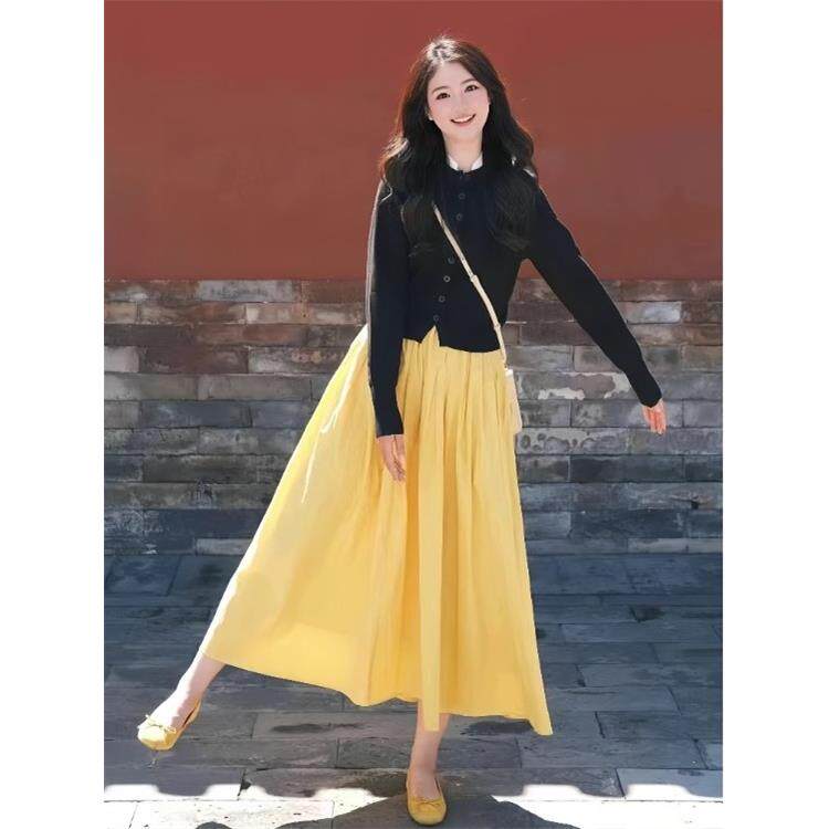 JOYIASS甜美多巴胺穿搭套装裙女秋冬超好看的针织开衫配黄色半身