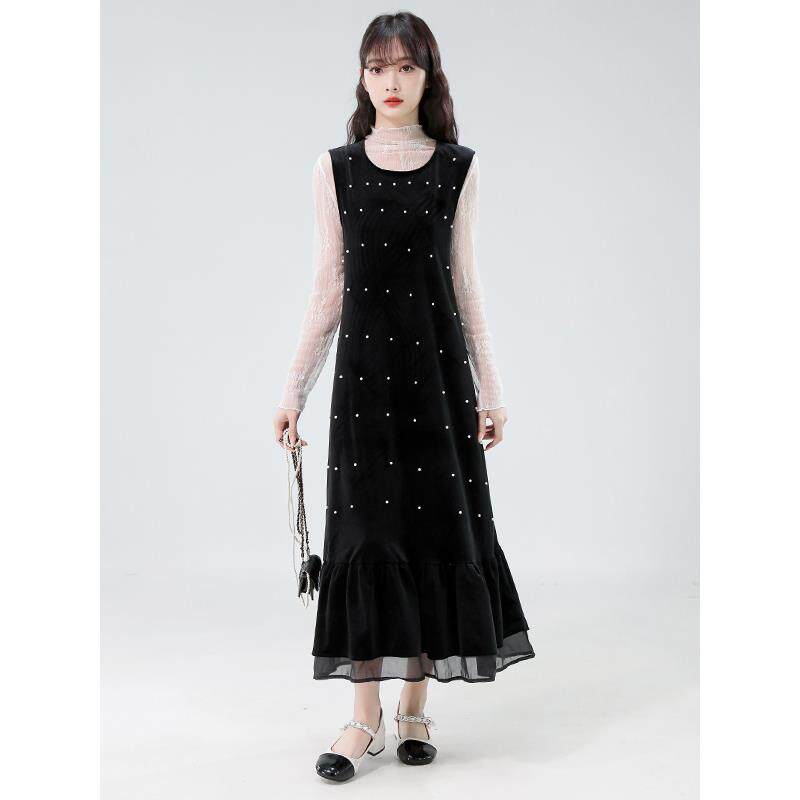 JOYIASS无袖丝绒小香风连衣裙女秋冬高级感内搭蕾丝打底衫背心裙