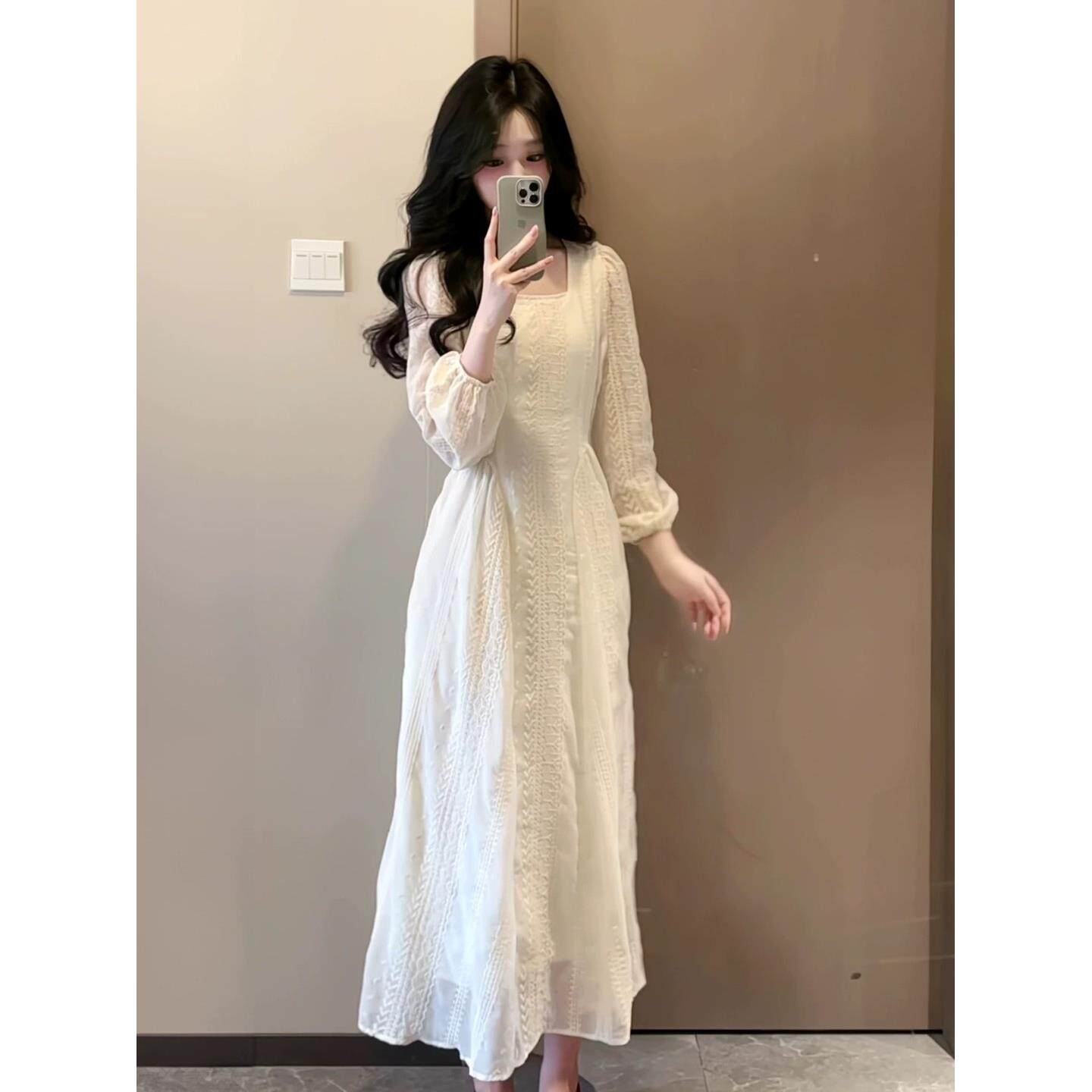 JOYIASS白色重工长袖蕾丝花边连衣裙女秋季法式温柔系收腰显瘦气