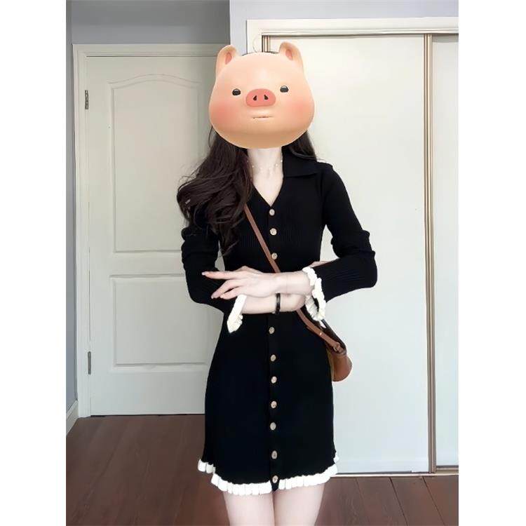 JOYIASS长袖小个子黑色针织连衣裙女秋冬千金感内搭打底小黑裙法