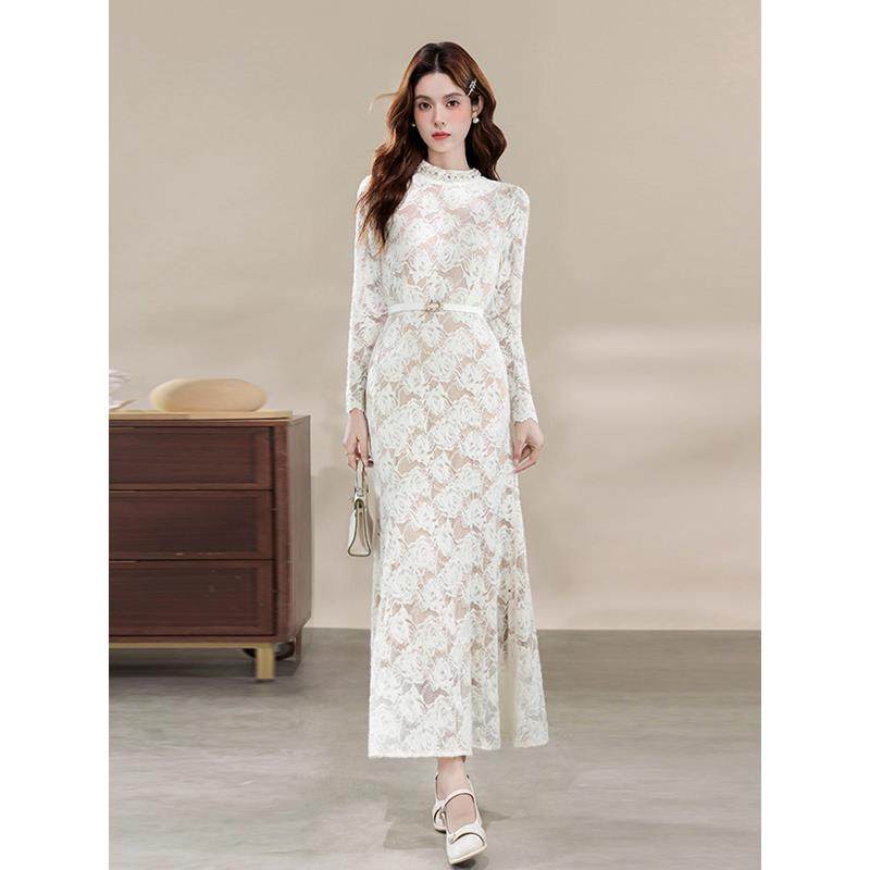 JOYIASS长袖显瘦轻奢高级感蕾丝长款连衣裙女秋冬覆古法式重工钉