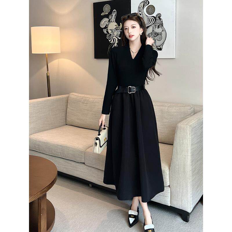 JOYIASS赫本风法式V领针织拼接长袖连衣裙女秋冬气质收腰高级感修