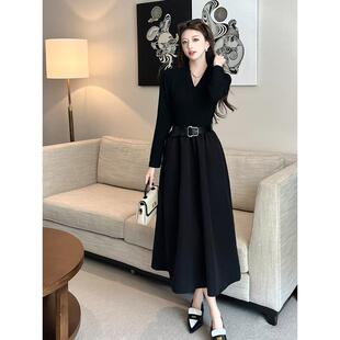 JOYIASS赫本风法式V领针织拼接长袖连衣裙女秋冬气质收腰高级感修