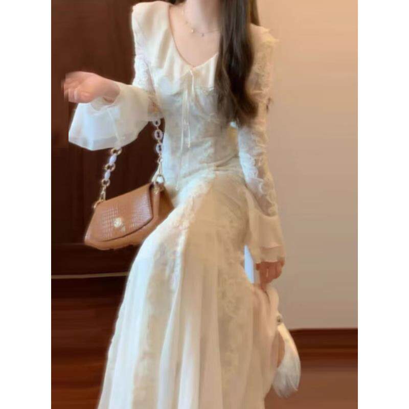 JOYIASS法式重工超仙蕾丝白色连衣裙女秋冬韩系超好看高级感鱼尾