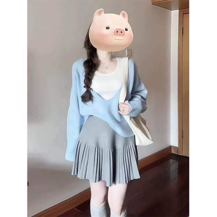JOYIASS慵懒风减龄韩系ootd穿搭女秋冬针织衫吊带背心半裙三件套