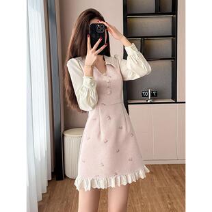 JOYIASS小香风粉色甜美少女连衣裙女秋冬高级感江浙沪千金穿搭蕾