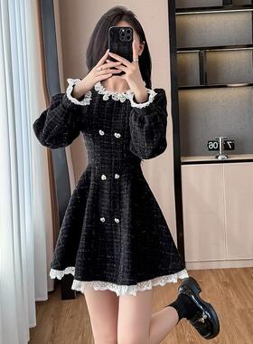 JOYIASS黑色小香风覆古荷叶边排扣粗呢连衣裙女秋冬甜酷宫廷风公