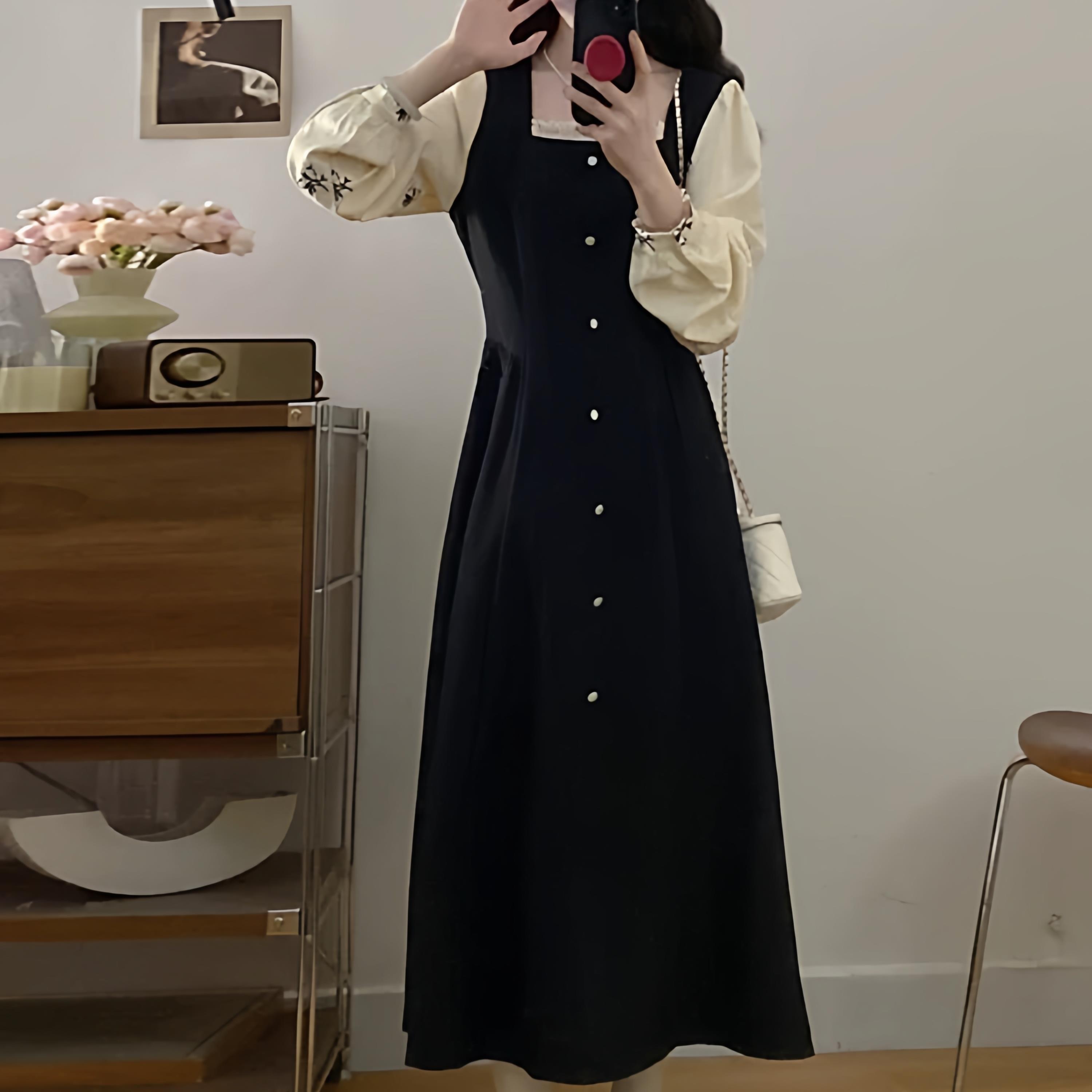 JOYIASS早春秋法式复古风拼接高级感长袖连衣裙大码胖mm遮肚藏肉