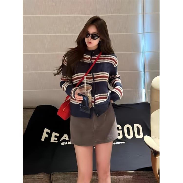 JOYIASSmiu系长袖条纹针织开衫短裙两件套女秋季韩系穿搭毛衣半身