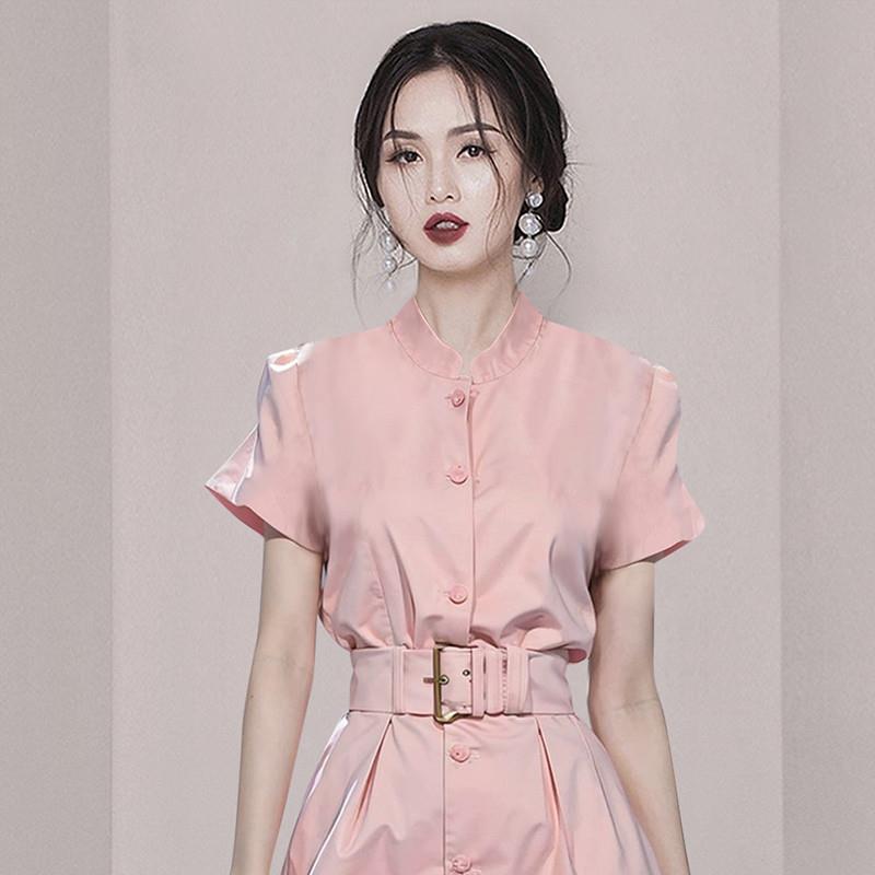 RIERA多巴胺穿搭茶歇法式气质绝美浅粉色收腰连衣裙2025新款女夏