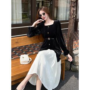 JOYIASS独特漂亮设计感拼接黑色丝绒连衣裙女秋冬通勤显瘦内搭名