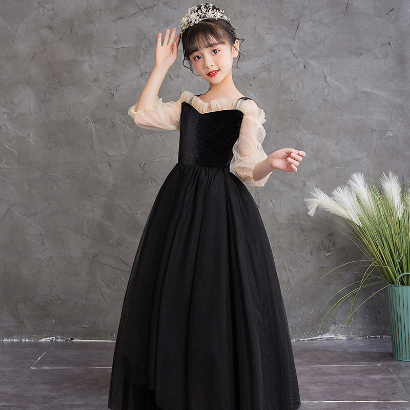 夏季女童黑色礼服裙钢琴小提琴表演服管弦乐团合唱演出服弹力