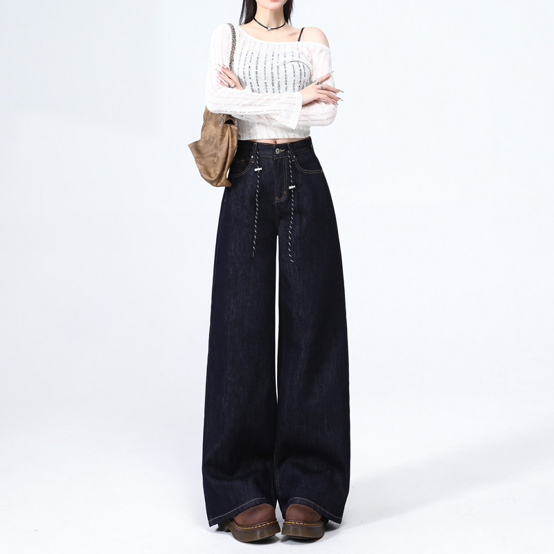 美式丹宁色抽绳阔腿牛仔裤女早春新款高腰宽松垂感直筒休闲拖地裤,女装/女士精品,牛仔裤,淘宝优惠券,粉丝福利购,淘宝优惠卷