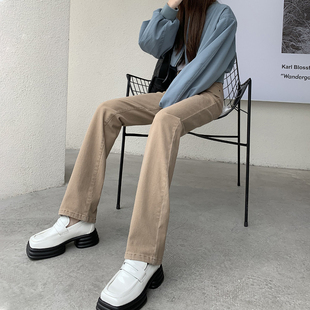 显瘦卡其色直筒拖地裤 高腰修身 子潮 女2025年早春新款 甜酷风牛仔裤
