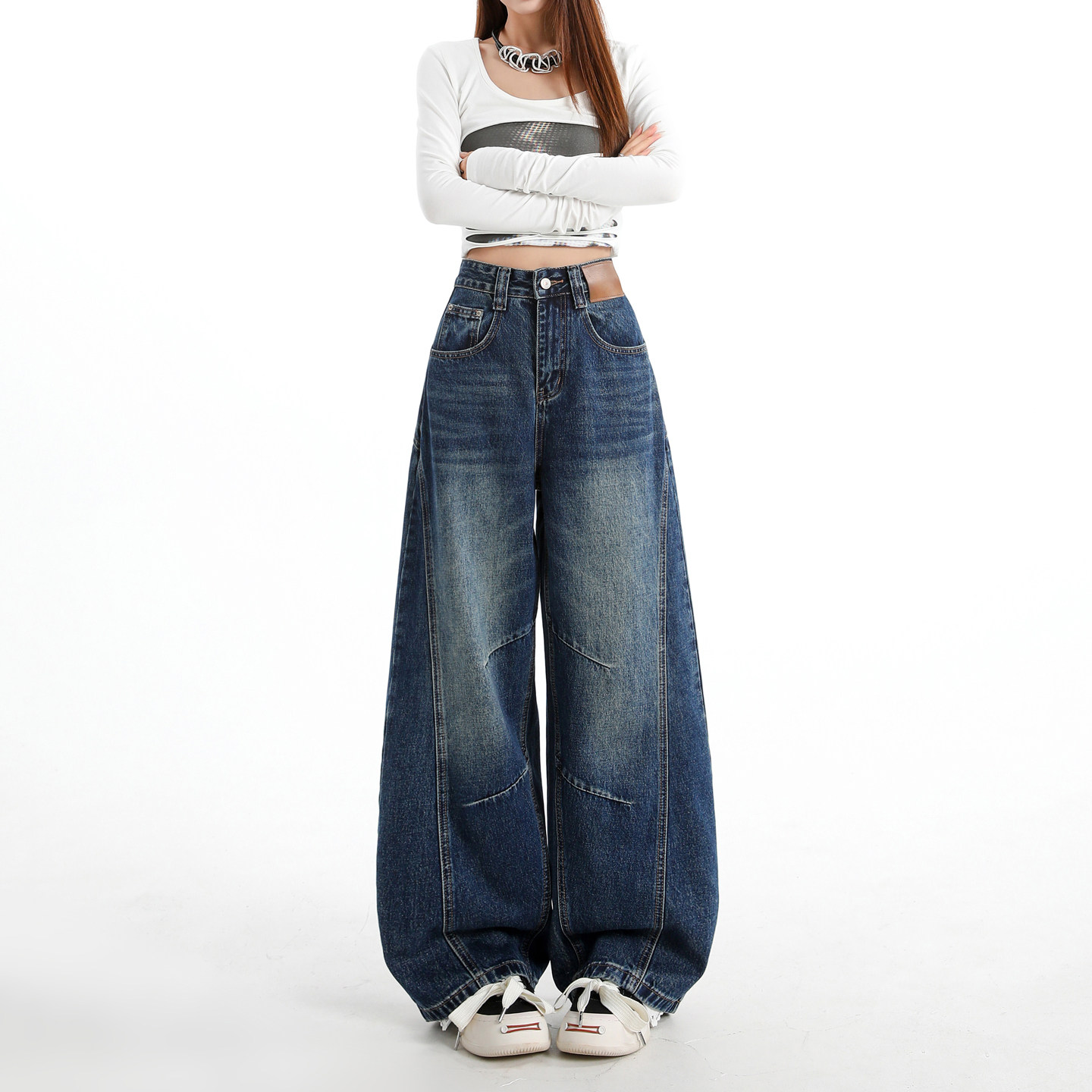 复古印花阔腿弯刀牛仔裤女美式高腰宽松时尚拼接百搭直筒拖地裤子,女装/女士精品,牛仔裤,淘宝优惠券,粉丝福利购,淘宝优惠卷