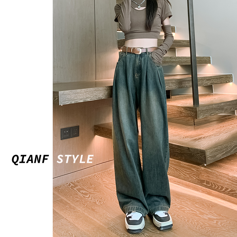 美式阔腿牛仔裤女春夏爆款2025年新款高腰显瘦时尚褶皱垂感拖地裤