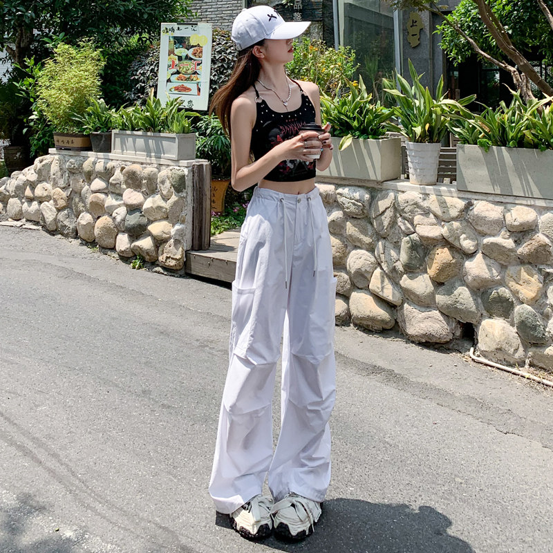 白色速干阔腿工装裤女夏季2025年新款抽绳设计感束脚直筒休闲长裤