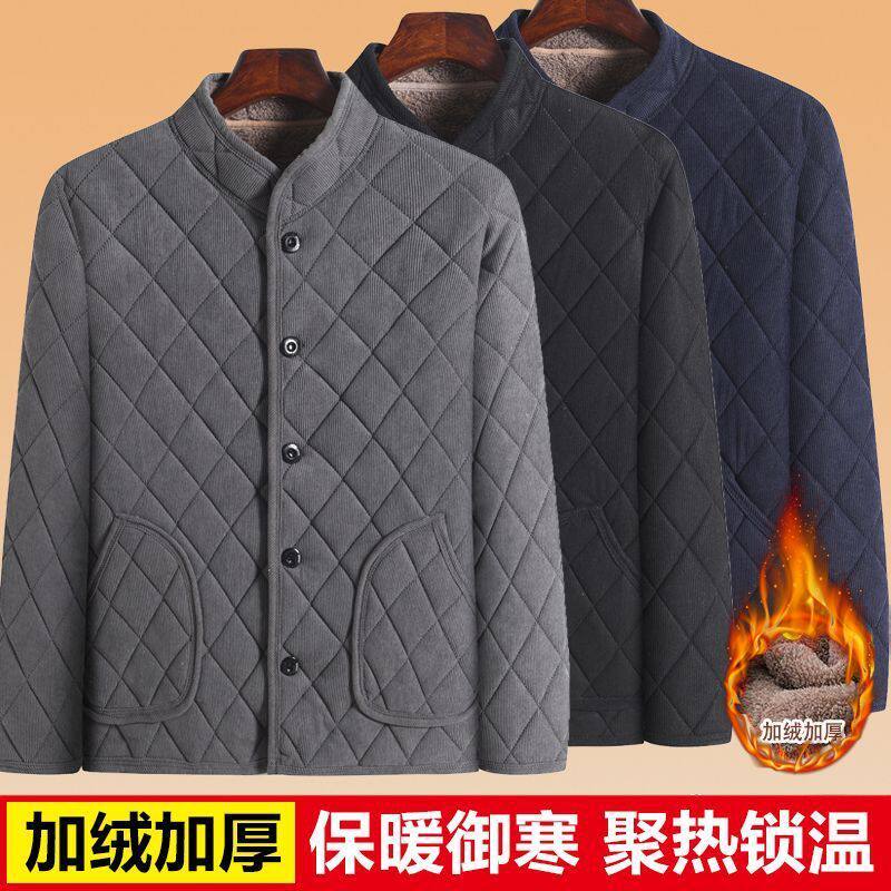 冬季加绒加厚棉衣男中老年爸爸装保暖棉袄爷爷装棉服条绒外套上衣
