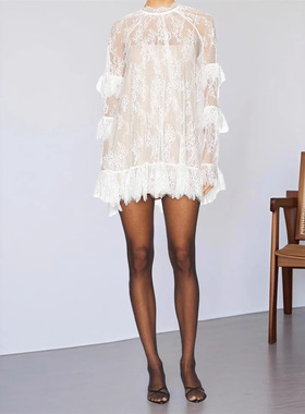 Black lace see-through blouse dress 黑色蕾丝透视罩衫连衣裙女