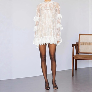 Black lace see-through blouse dress 黑色蕾丝透视罩衫连衣裙女