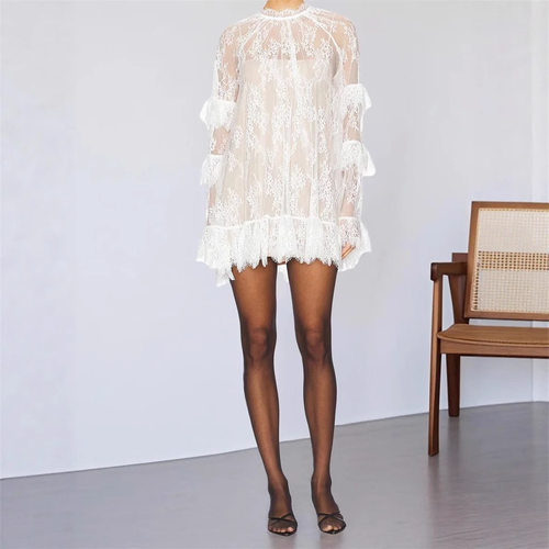 黑色蕾丝透视罩衫连衣裙