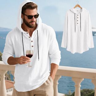 恤Men Sleeve 连帽纯色休闲长袖 Top Long Hooded 男士 Solid