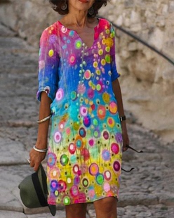 v-neck half-sleeve fashion print dressv领五分袖时尚连衣裙女